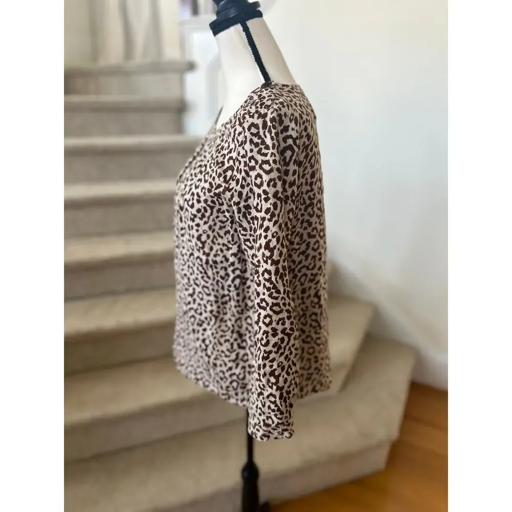 J.Crew Tan & Brown Leopard Print Linen Long Sleeve Peasant Blouse